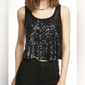 Express Size Large Sequin Crop Tank Top in Black